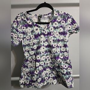 Purple and White Floral Scrub Top